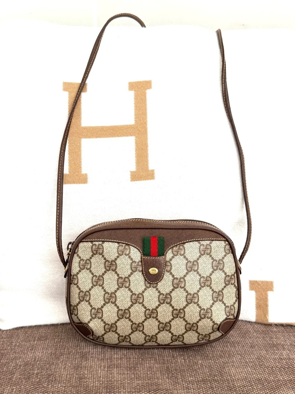Authentic Gucci brown monogram coated canvas crossbody bag gold hardware